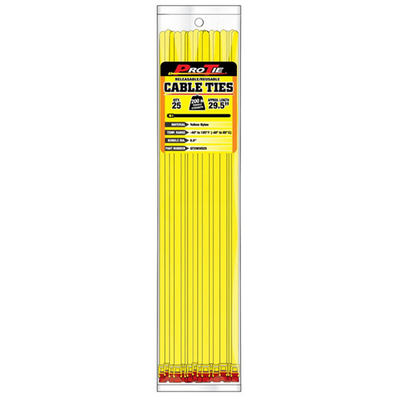 Pro Tie Yellow 29" Reusable Quick Release Cable Ties - 25 Pk