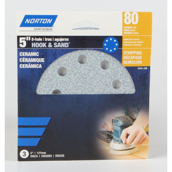 Norton 80 Grit Ceramic 8-hole Sanding Disc - 5" - 3 Pk