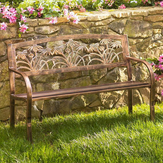 Plow & Hearth Coneflower Metal Garden Bench - Bronze