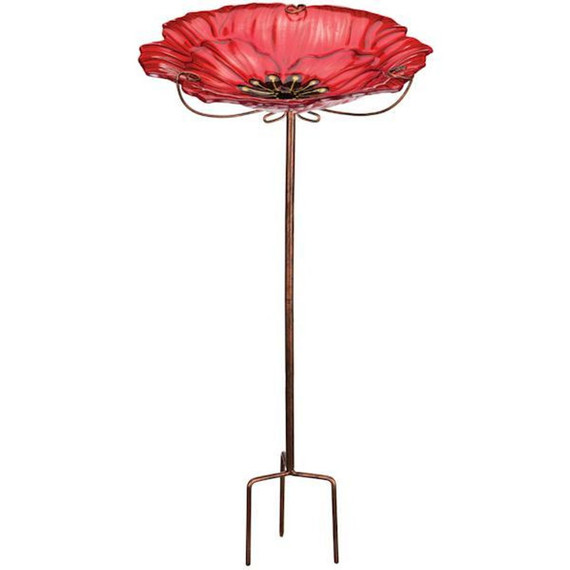 Regal Red Poppy Garden Stake Bird Bath