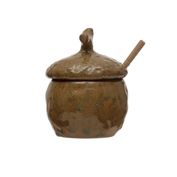 Creative Coop Stoneware Acorn Honey Jar With Wood Honey Dipper - Brown