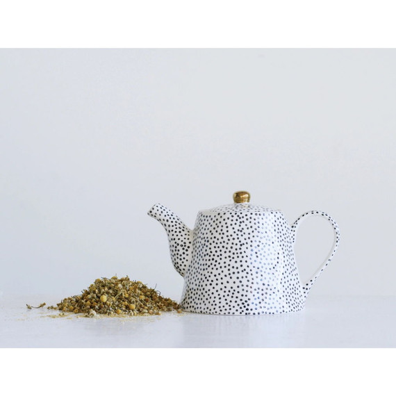 Creative Coop Stoneware Teapot With Dots - Black/white