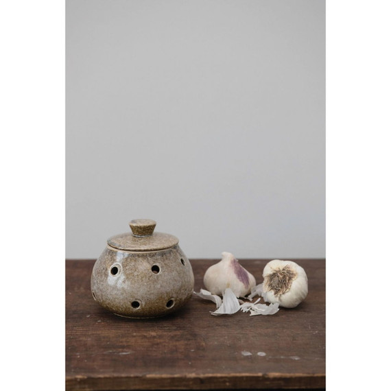 Creative Coop Stoneware Garlic Keeper With Lid - Brown