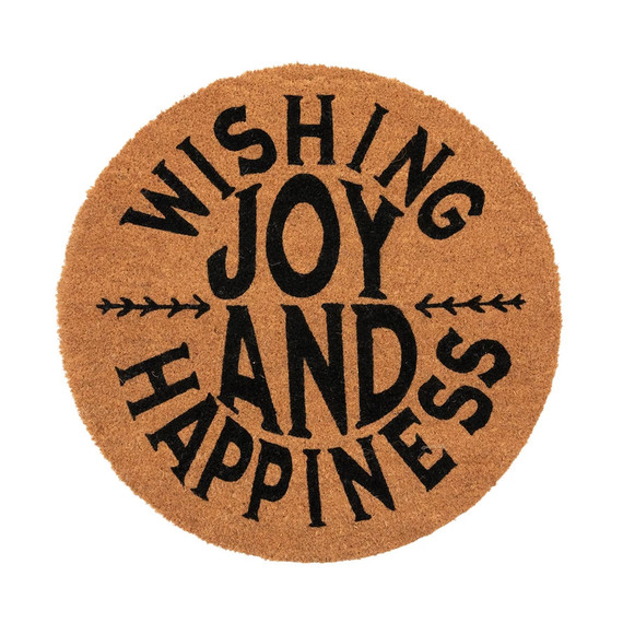 Creative Coop Wishing Joy and Happiness Round Natural Coir Doormat - 27-1/2"