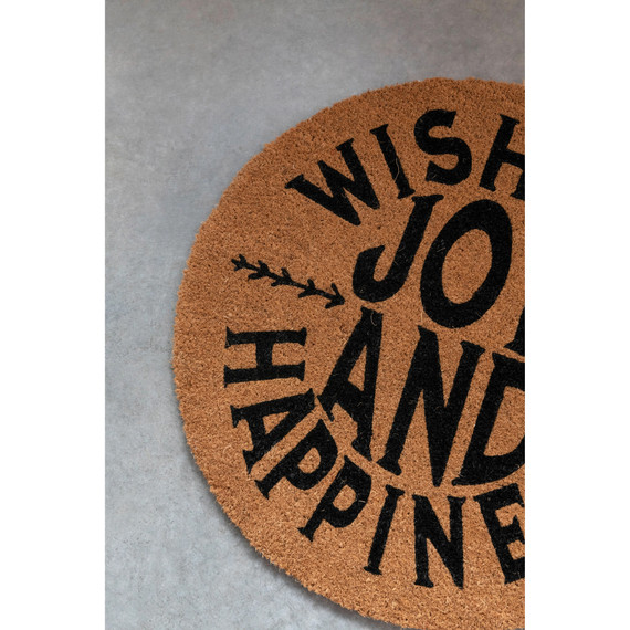Creative Coop Wishing Joy and Happiness Round Natural Coir Doormat - 27-1/2"