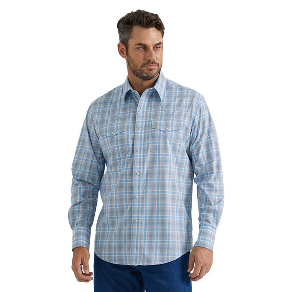 Wrangler Men's Classic Fit Wrinkle Resist Long Sleeve Western Plaid Shirt - Blue