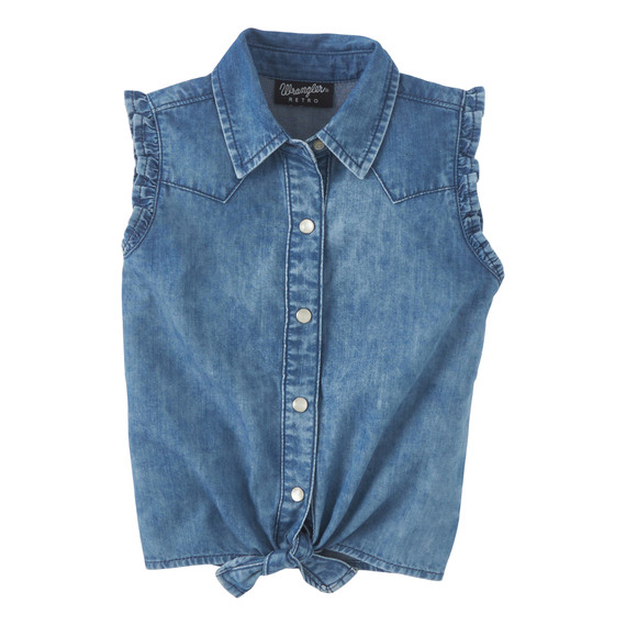 Wrangler Girl's Tie Front Sleeveless Denim Shirt - Blue