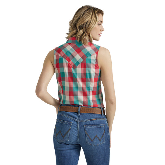 Wrangler Women's Essentials Western Sleeveless Snap Shirt - Blue/Red