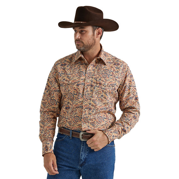 Wrangler Checotah Men's Classic Fit Long Sleeve Western Shirt - Tan