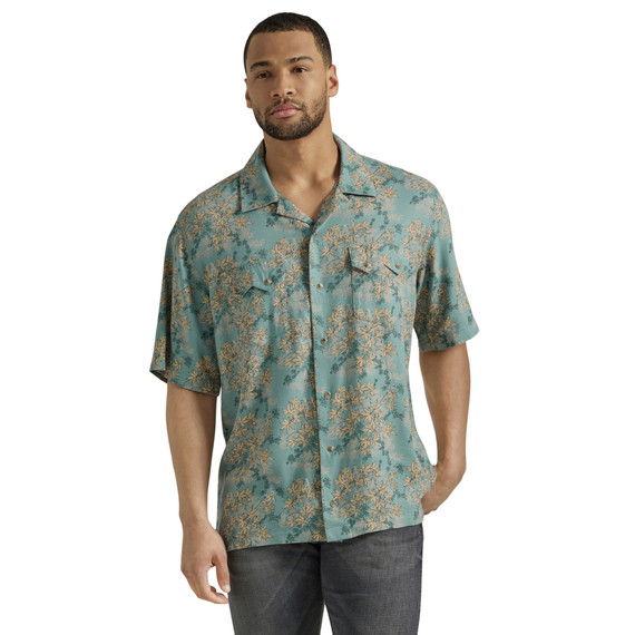 Wrangler Men's Classic Fit Coconut Cowboy Short Sleeve Shirt - Aqua Blue