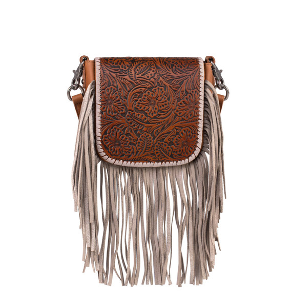 Montana West Genuine Leather Tooled Collection Fringe Crossbody Bag