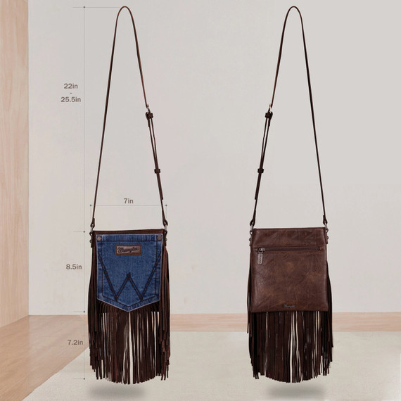 Wrangler Leather Fringe Jean Denim Pocket Crossbody Bag - Coffee