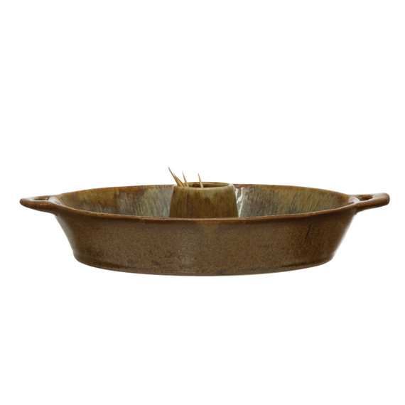 Creative Co-op Abode Stoneware Dish with Toothpick Holder and Glaze - 10-1/2" - Brown 