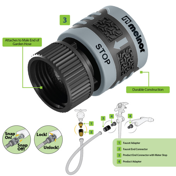 Melnor QuickConnect Product End Connector with Water Stop - 1-3/8" X 1-3/8" X 2"