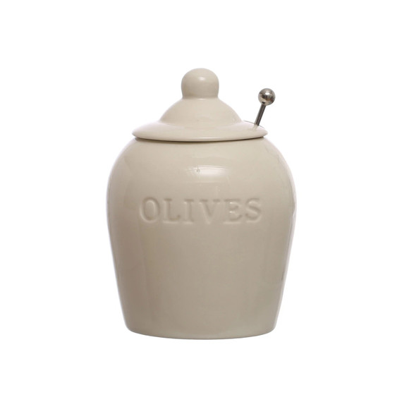 Creative Co-op Sonoma Olives Debossed Stoneware Jar with Slotted Spoon - 5-3/4" - White