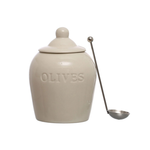 Creative Co-op Sonoma Olives Debossed Stoneware Jar with Slotted Spoon - 5-3/4" - White