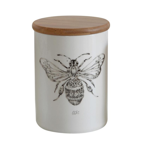 Creative Co-op Secret Garden Stoneware Bee Canister with Bamboo Lid - White