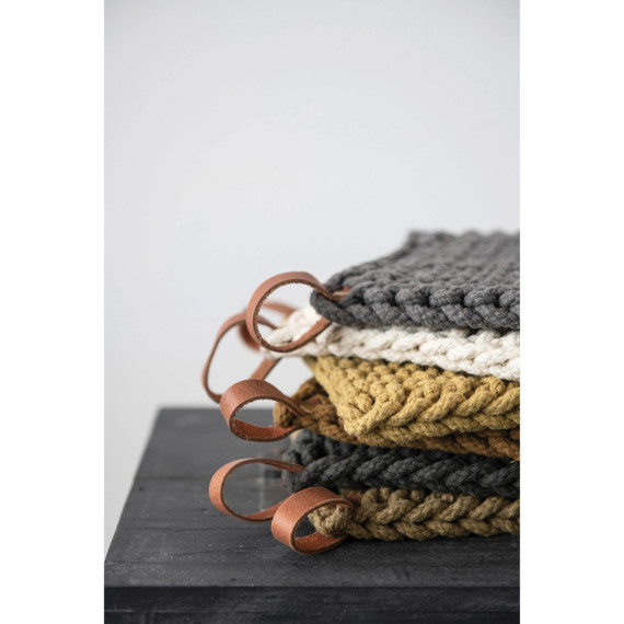 Creative Co-op Sonoma Crocheted Pot Holder with Leather Loop - Assorted