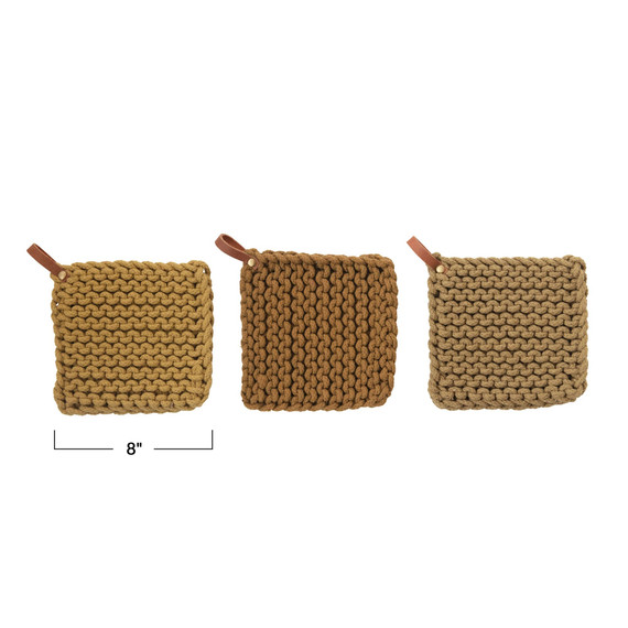 Creative Co-op Sonoma Crocheted Pot Holder with Leather Loop - Assorted