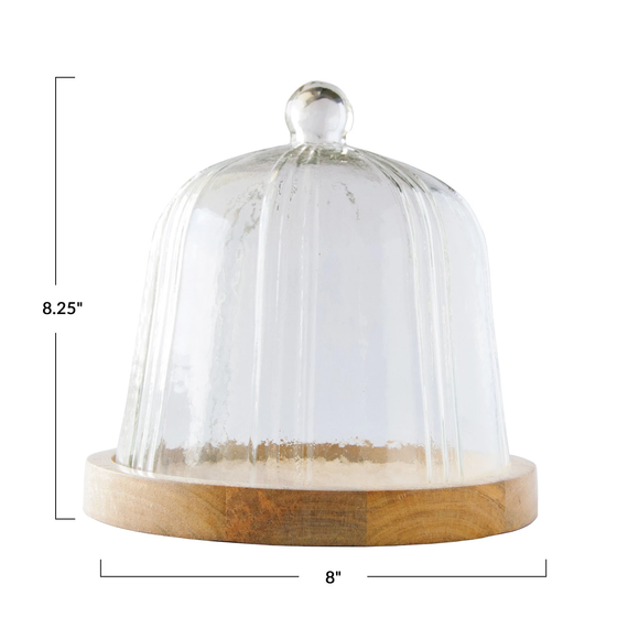 Creative Co-op Bistro Recycled Glass Pleated Cloche with Mango Wood Base - 8 X 8