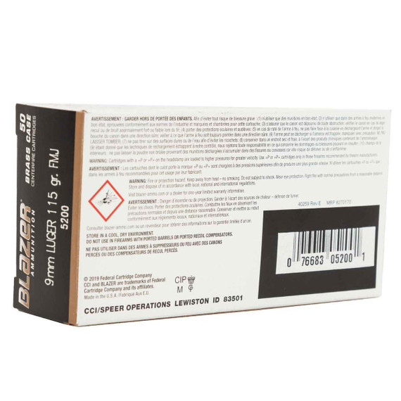 Blazer Brass 9mm Luger 115gr FMJ Handgun Ammo - 50 Rounds