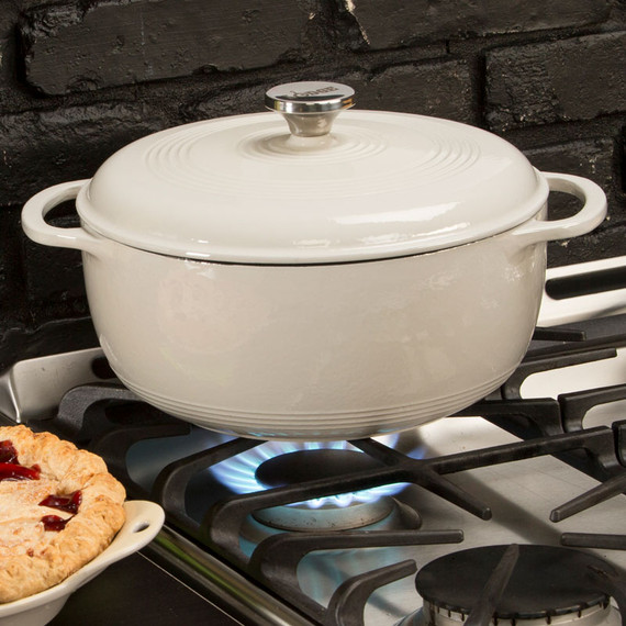 Lodge Enamelware Round Cast Iron Dutch Oven in Oyster with Lid - 6 qt - White 