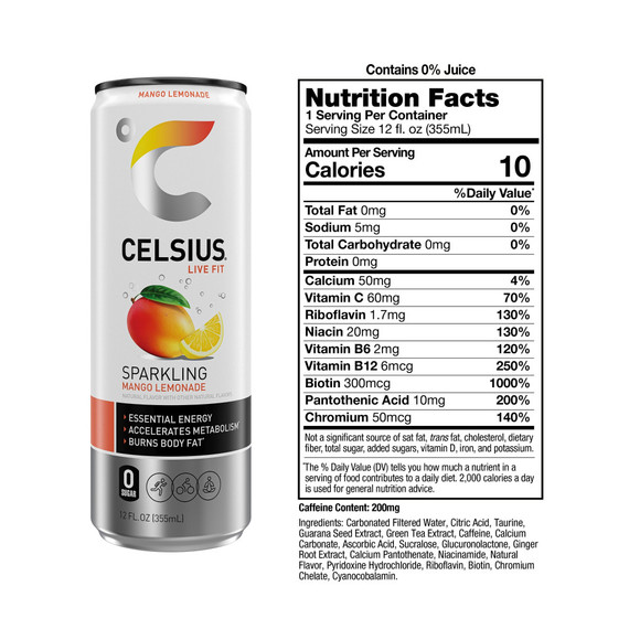 Celsius Sparkling Mango Lemonade Can Energy Drink - 12 fl oz