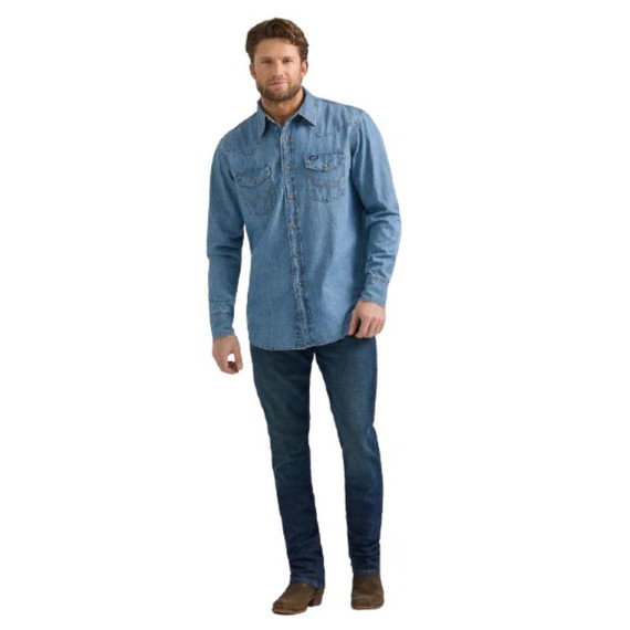 Wrangler Men's Classic Denim Western Snap Shirt - Light Wash