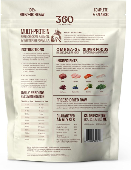 360 Freeze Dried Raw Complete Meal for Adult Dogs, Multi-Meat Formula