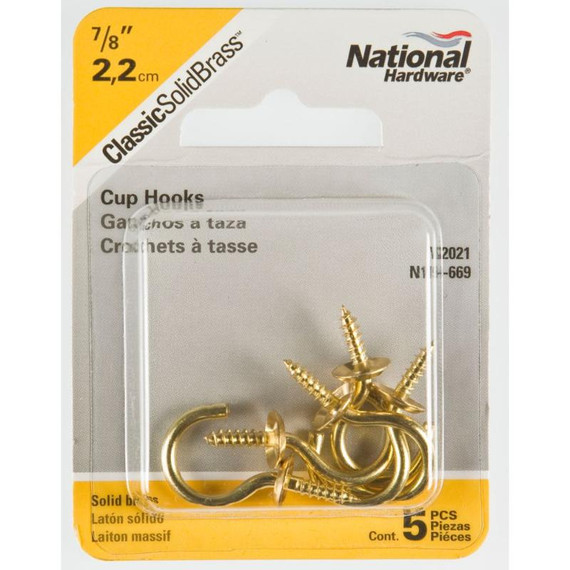 National Hardware 7/8" Brass Cup Hook - 5 pk