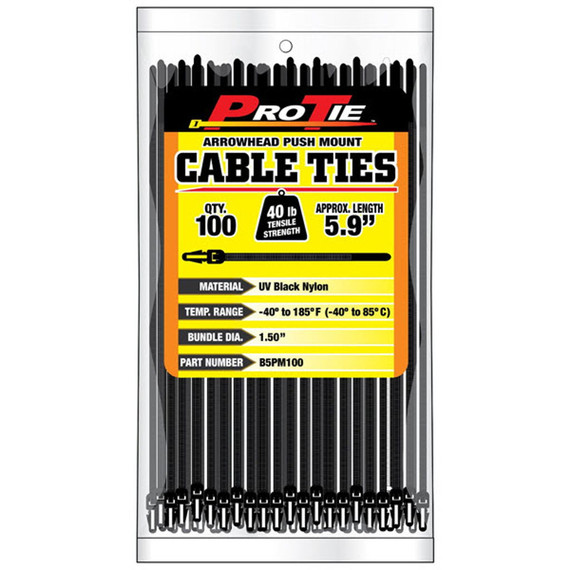Pro Tie UV Black 5-7/8" Arrowhead Push Mount Cable Ties - 100 pk