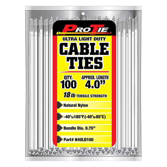 Pro Tie 4" Natural Nylon Ultra Light Duty Standard Cable Tie - 100 pk