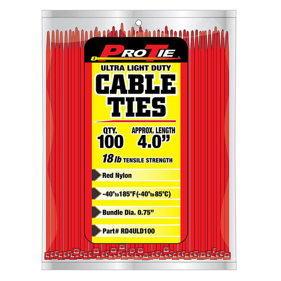 Pro Tie 4" Red Nylon Ultra Light Duty Cable Tie - 100 pk