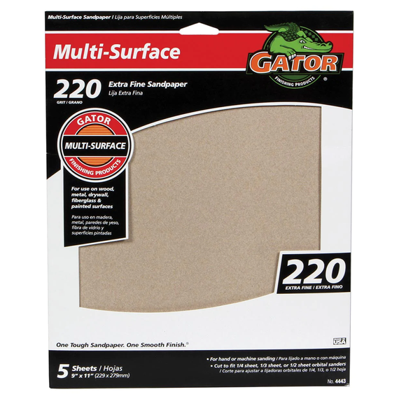 Gator Finishing Multi-surface Aluminum Oxide 220 Grit 9" X 11" Sanding Sheets - 5 Pk