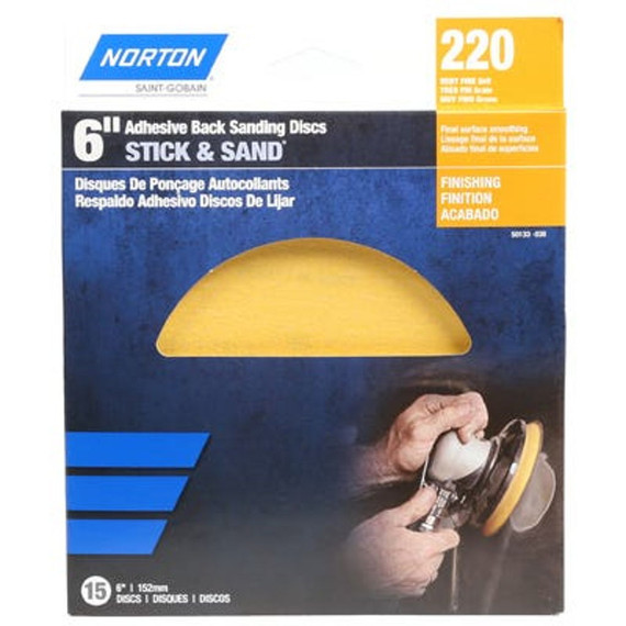 Norton 220 Grit Adhesive Back Sanding Disc - 6" - 15 Pk