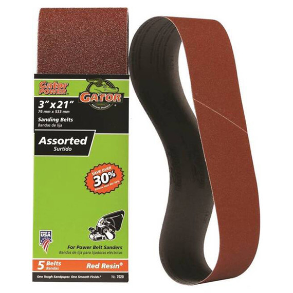 Gator Portable Sander Assorted Grits Aluminum Oxide 3" X 21" Sanding Belt - 5 Pk