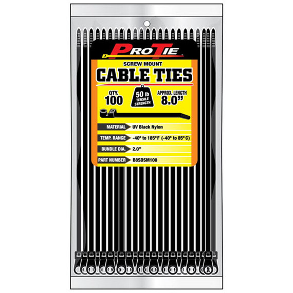 Pro Tie UV Black 8" Screw Mount Standard Duty Cable Ties - 100 pk