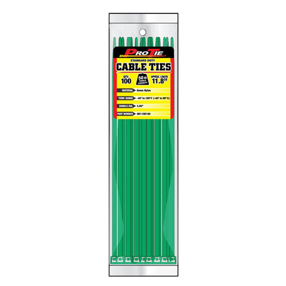 Pro Tie Green 11-3/4" Standard Duty Cable Ties - 100 pk