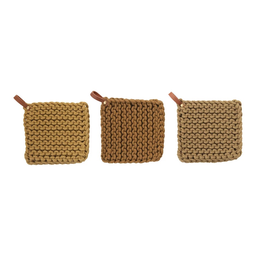 Creative Co-op Sonoma Crocheted Pot Holder with Leather Loop