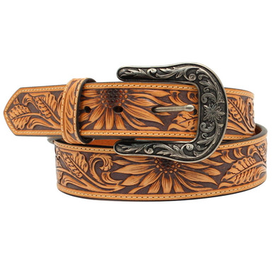 Nocona Women\'s Sunflower Tooled Silver Buckle Belt Large Sunflower-Tooled-Black-  main image 4