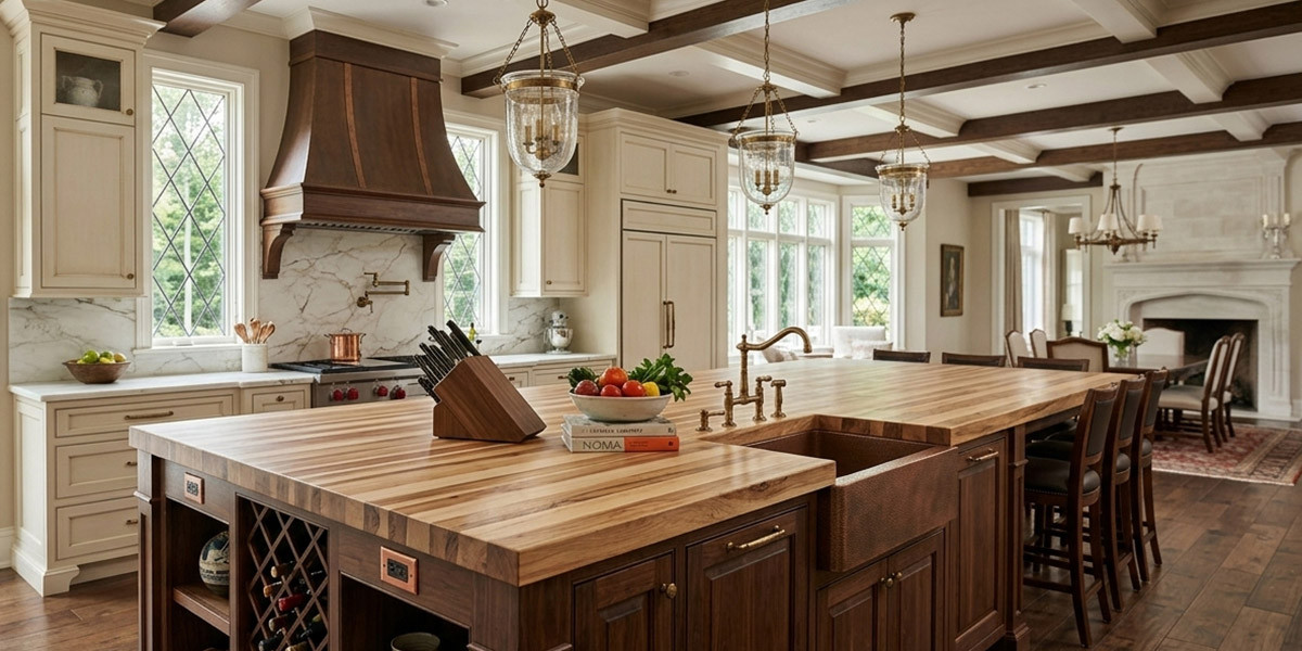 Visualization of a beautiful hickory edge grain topped butcher block kitchen island