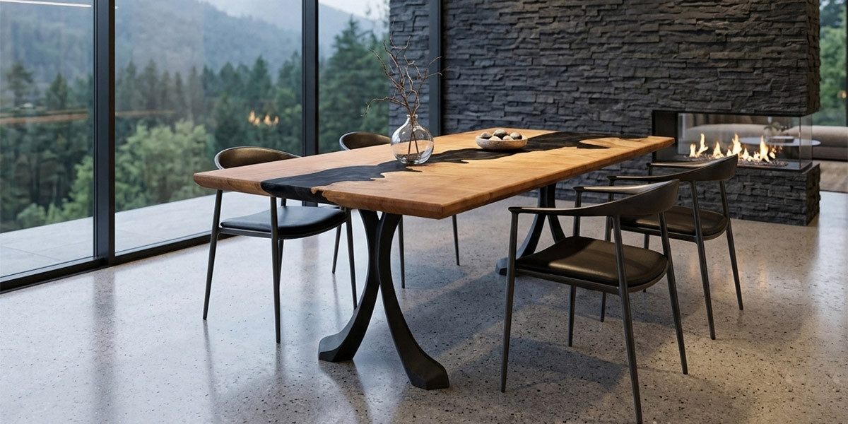 Visualization of an elegan hardwood slab river table with a breathtaking view of the pine forest