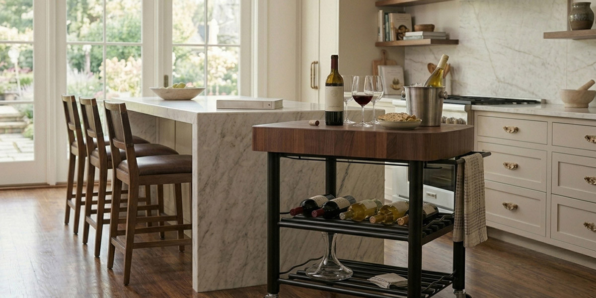 Visualization of a rolling wine cart with a end grain butcher block top in a bright and airy kitchen