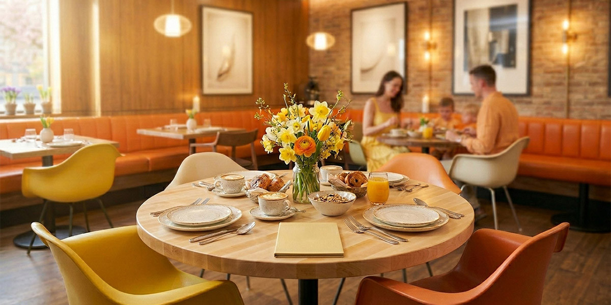 Visualization of a round maple edge grain table top in a fun retro diner