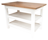 A close-up perspective of the custom butcher block island table, showcasing the meticulously joined hardwood grain, sleek acrylic finish, and precision millwork.