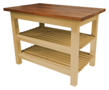 A versatile solid hardwood kitchen cart and island hybrid, highlighting the premium 1.5-inch thick butcher block prep surface and sturdy painted base assembly.