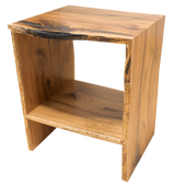 A high-angle view of a bespoke custom live edge wood end table, featuring a natural wood slab with unique grain patterns and a premium finish.