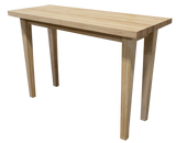 A heavy-duty, handcrafted solid wood butcher block table featuring a thick edge-grain surface with a durable, protective finish, supported by a sturdy, architectural wood base.