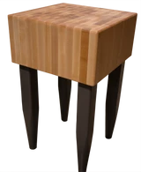 A detailed view of a thick, heavy-duty solid wood butcher block chopping block, highlighting the intricate end-grain construction, durable surface, and smooth, food-safe finish.