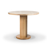 A beautiful modern dining table in a low wide angle shot. The soft lighting highlights the clean design and smooth curves of the piece crafted from solid maple.